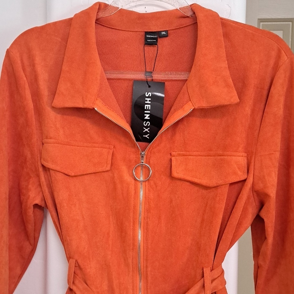 Shein Sxy Belted Zip-Up Dress Flap Detail Orange Size 2X - Picture 8 of 12